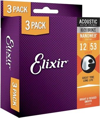 Elixir Nanoweb 80/20 Bronze Guitar Strings Triple Pack, 12-53 Light