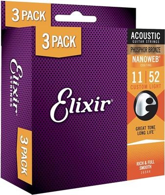 Elixir Nanoweb Phosphor Bronze Guitar Strings Triple Pack, 11-52 Custom Light