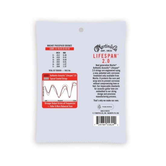 Martin Authentic Acoustic Lifespan 2.0 Guitar Strings, Phosphor Bronze Light 12-54 MA540T